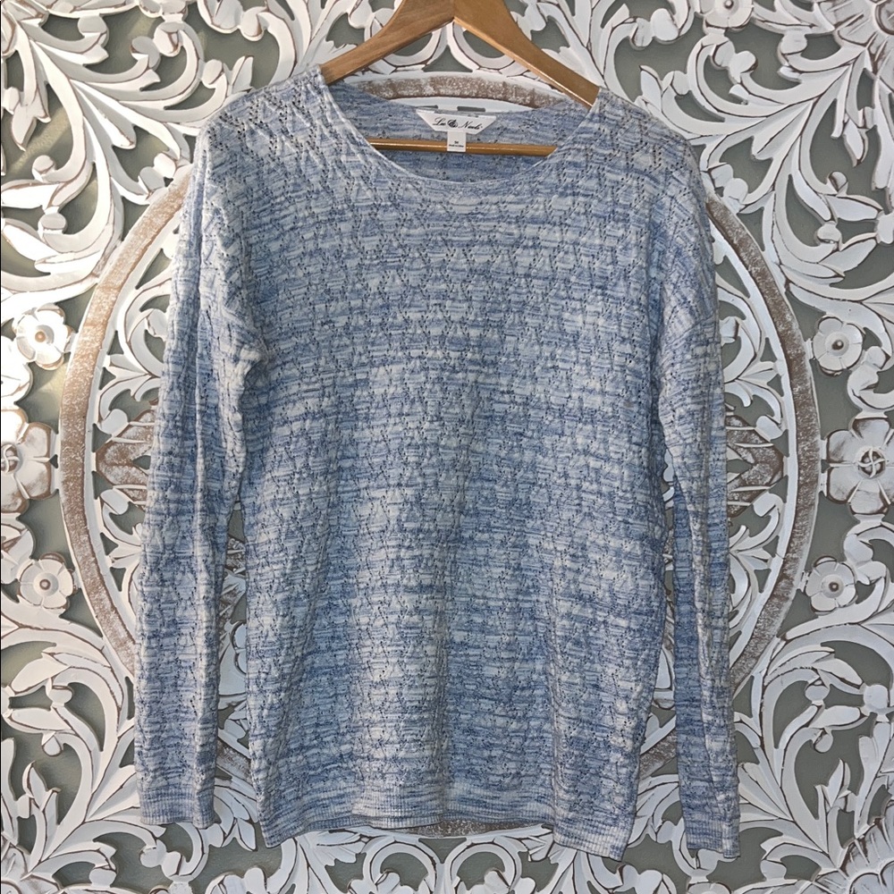 Leo & Nicole Blue and White Knit Sweater Top Fog Blue Women's Sz M EUC